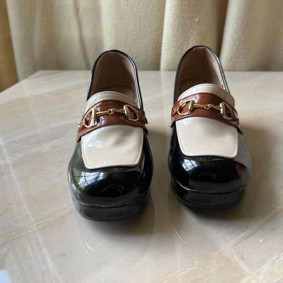 Block platform patent leather heels in black, brown and ivory size 7 gold accent - Picture 6 of 8